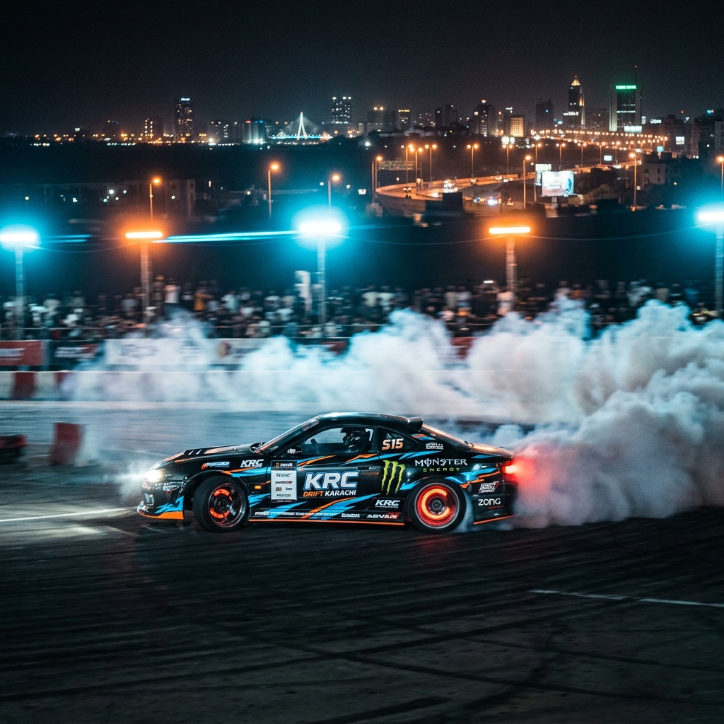 Professional drift car racing at night in Karachi - Drift Fest 2026